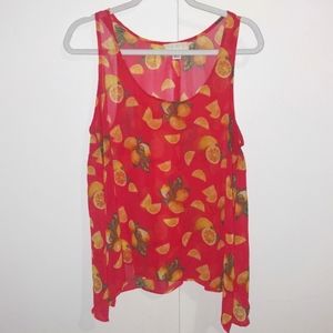 F21+ Lemon Print Orange Flare Sheer Tank Top, XL